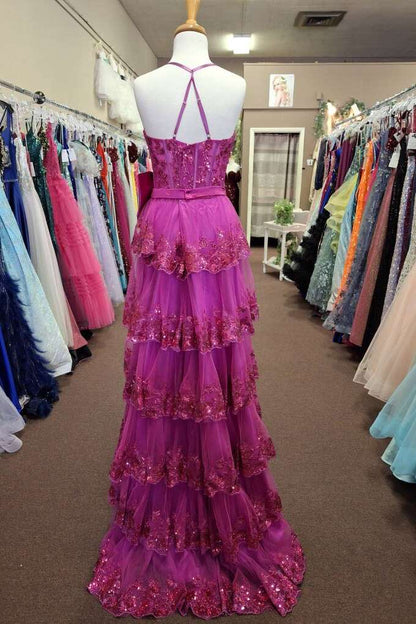 Straps Fuchsia Appliques A-line Ruffle Long Prom Dress