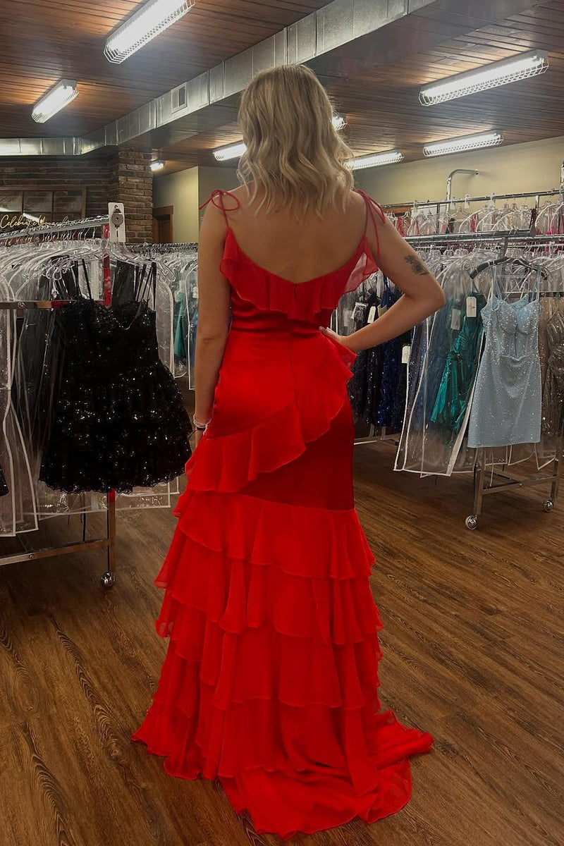 Straps Fuchsia Mermaid Ruffles Long Prom Dress