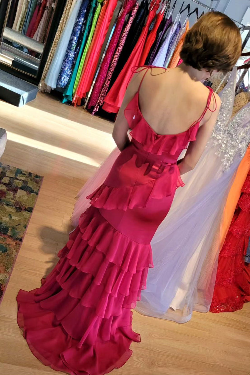 Straps Fuchsia Mermaid Ruffles Long Prom Dress