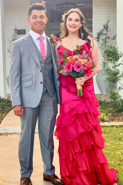Straps Fuchsia Mermaid Ruffles Long Prom Dress