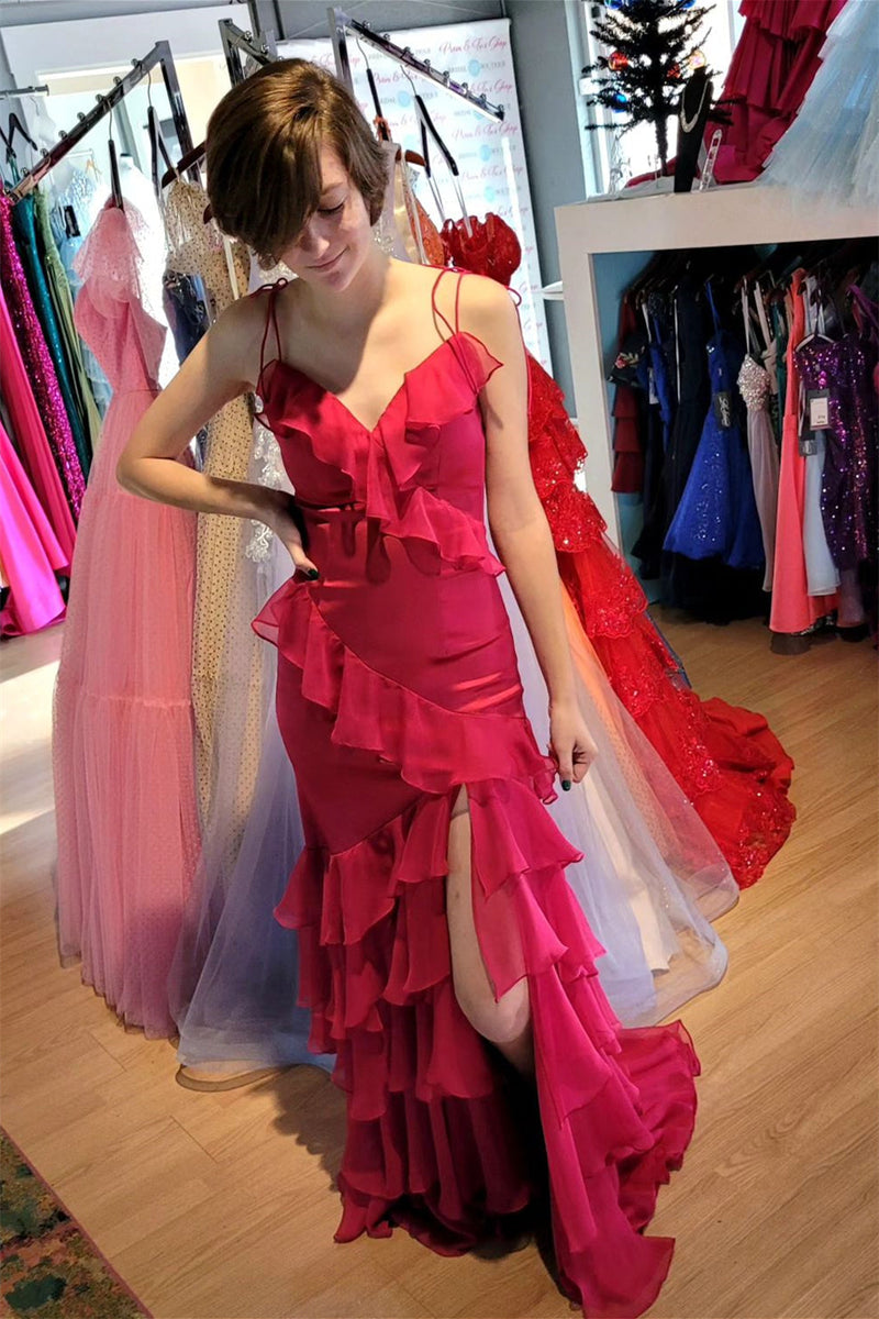 Straps Fuchsia Mermaid Ruffles Long Prom Dress