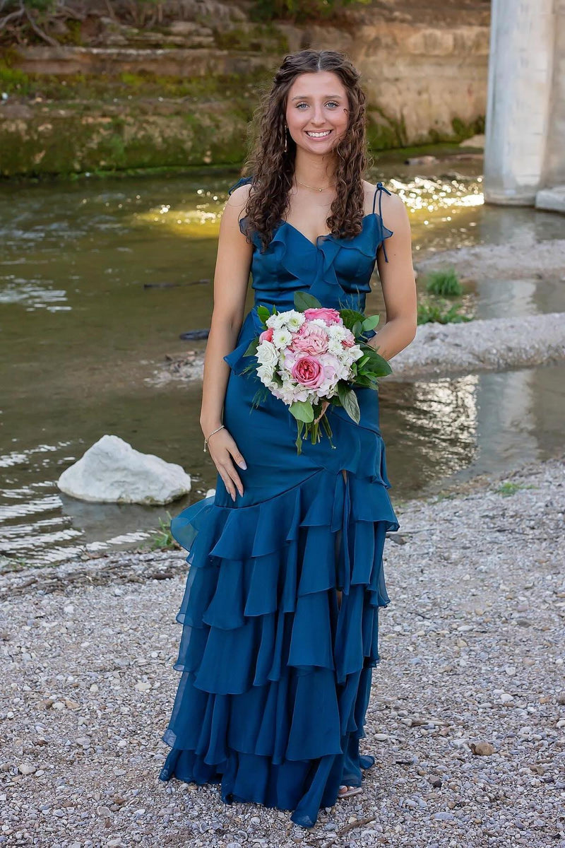 Straps Fuchsia Mermaid Ruffles Long Prom Dress