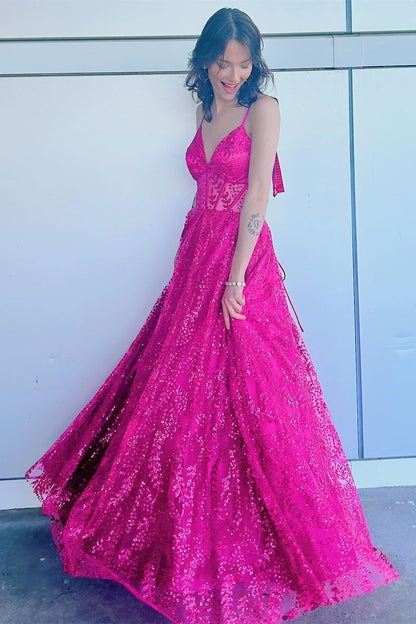 Straps Fuchsia Sheer Corset A-line Long Formal Dress