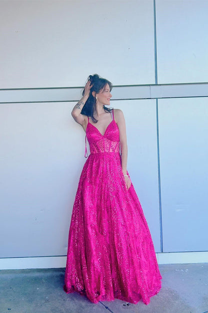 Straps Fuchsia Sheer Corset A-line Long Formal Dress