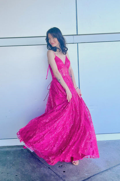 Straps Fuchsia Sheer Corset A-line Long Formal Dress