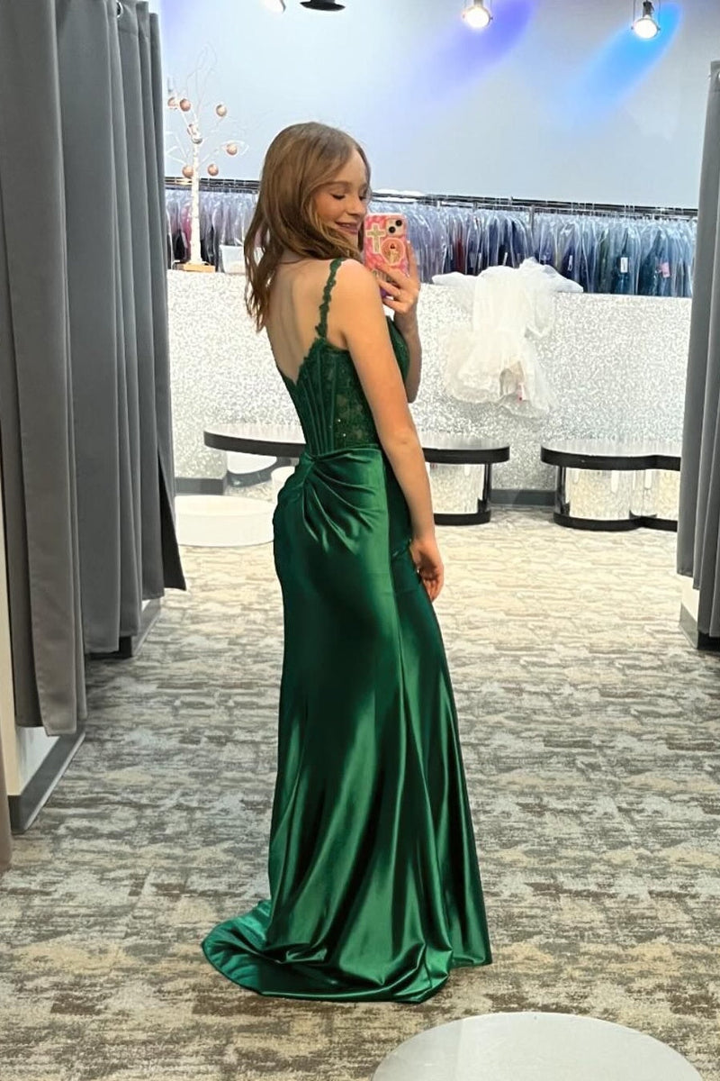 Straps Green Lace and Satin Mermaid Long Dress with Slit