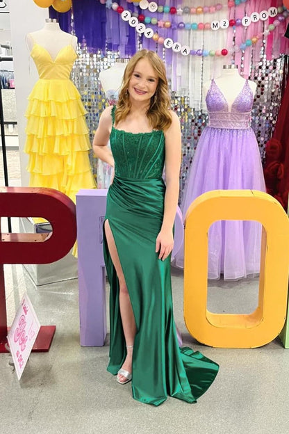 Straps Green Lace and Satin Mermaid Long Dress with Slit