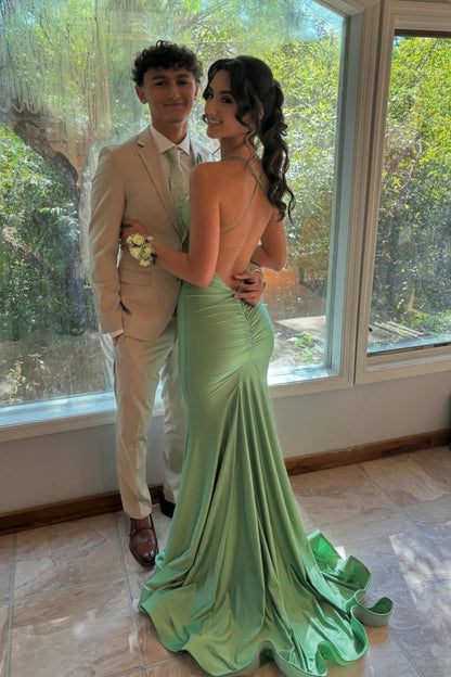 Straps Green Satin Mermaid Long Prom Dress