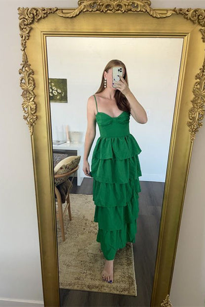 Straps Green Tiered Ruffles Prom Dress