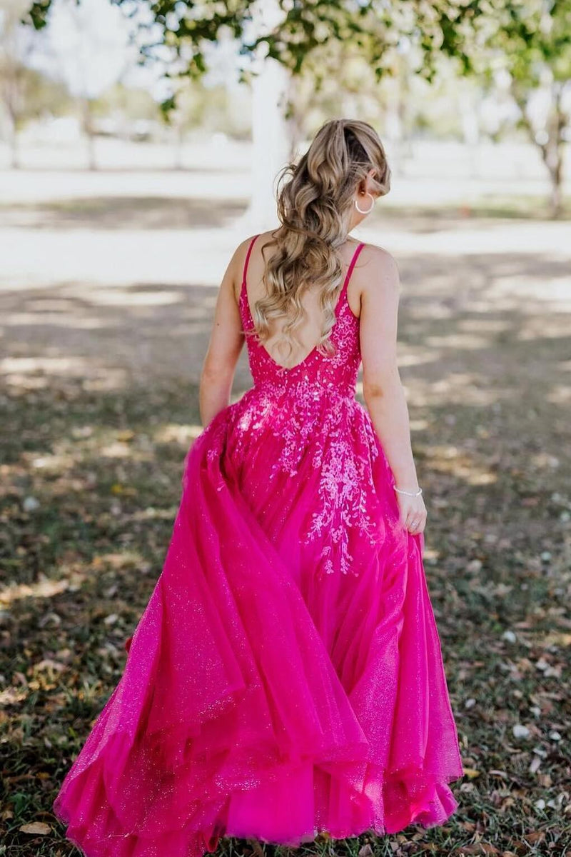 Straps Hot Pink Appliques Tulle Long Formal Gown