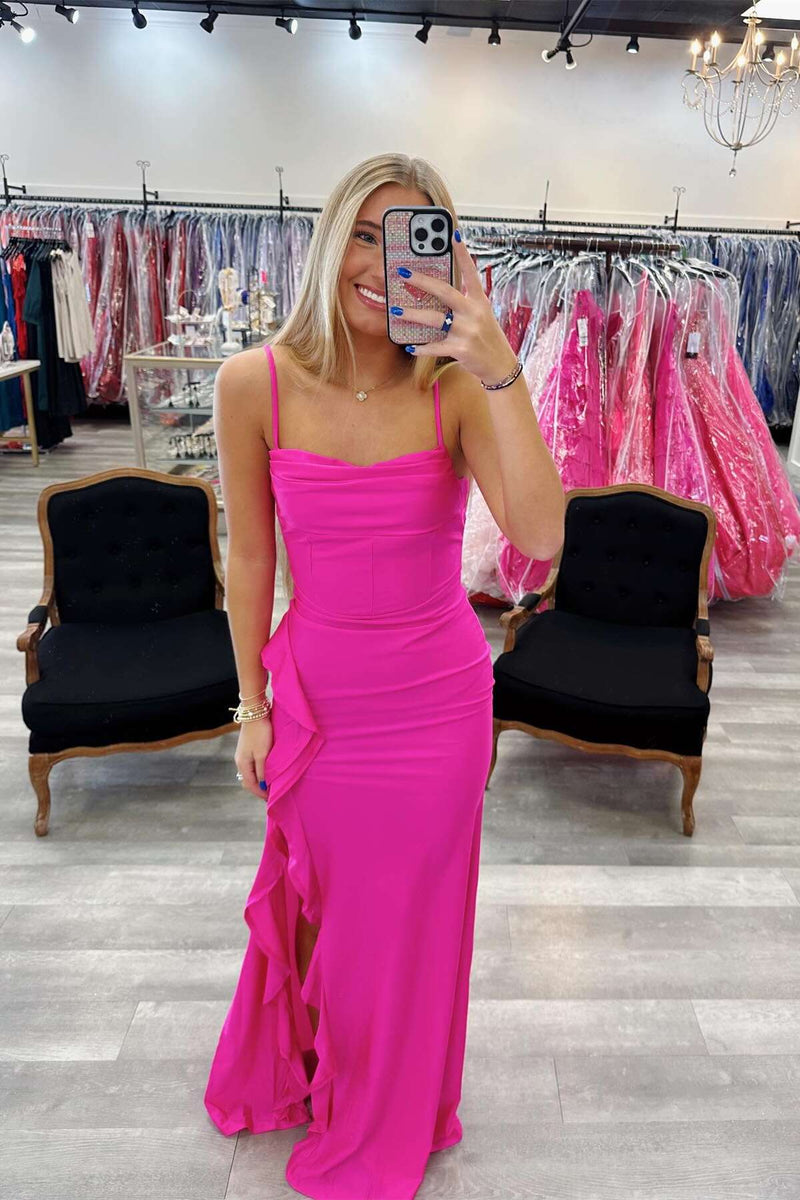 Straps Hot Pink Cowl Neck Fitted Prom Dress with Slit