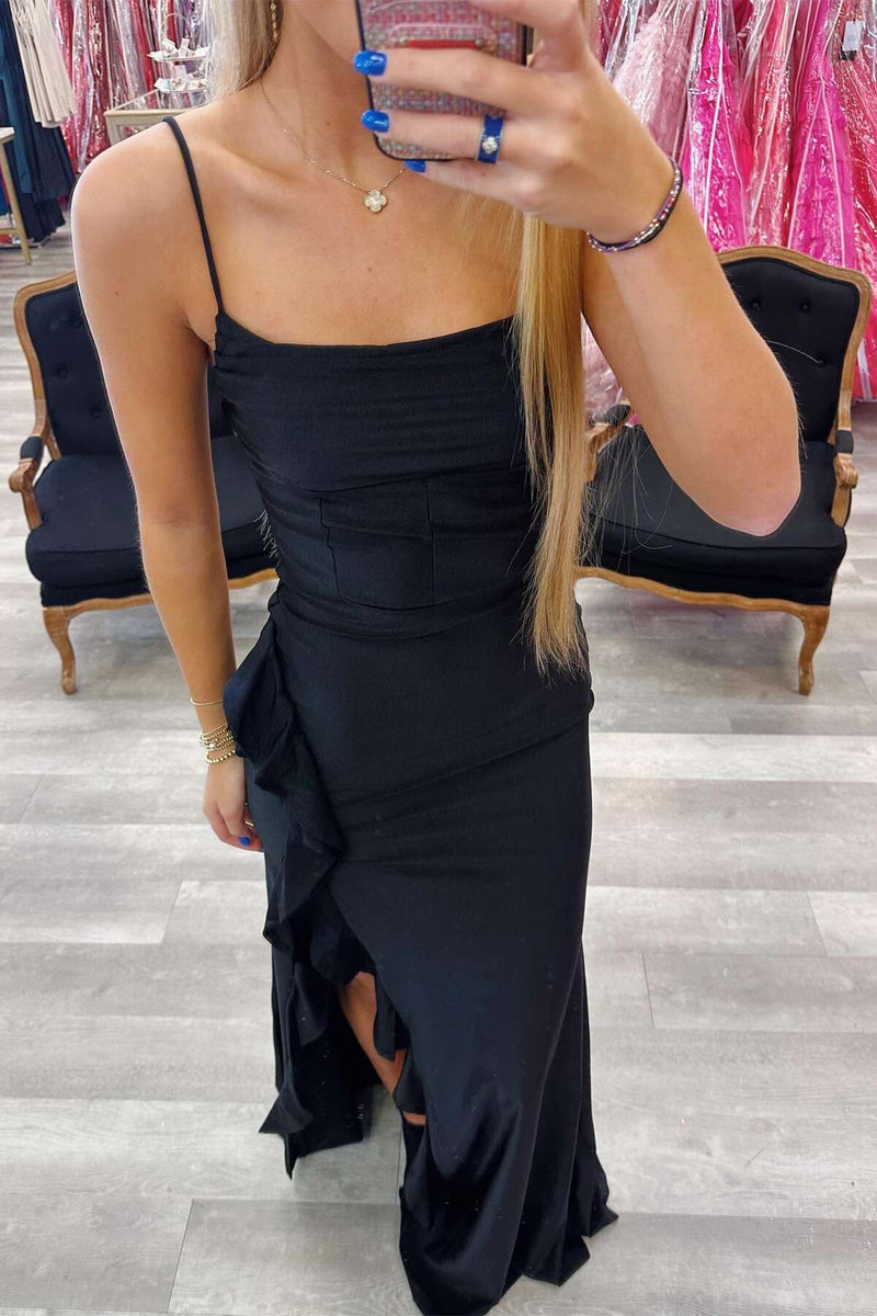 Straps Hot Pink Cowl Neck Fitted Prom Dress with Slit