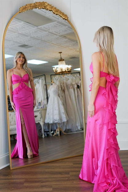 Straps Hot Pink Cutouts Ruffle Fitted Party Dress