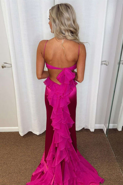 Straps Hot Pink Cutouts Ruffle Fitted Party Dress