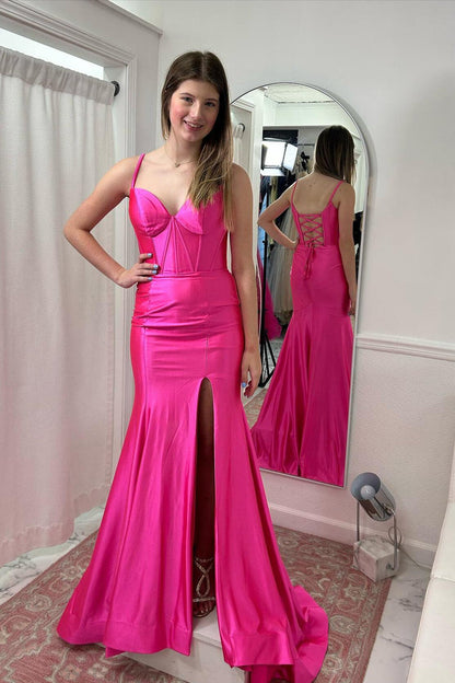 Straps Hot Pink Satin Mermaid Prom Dress