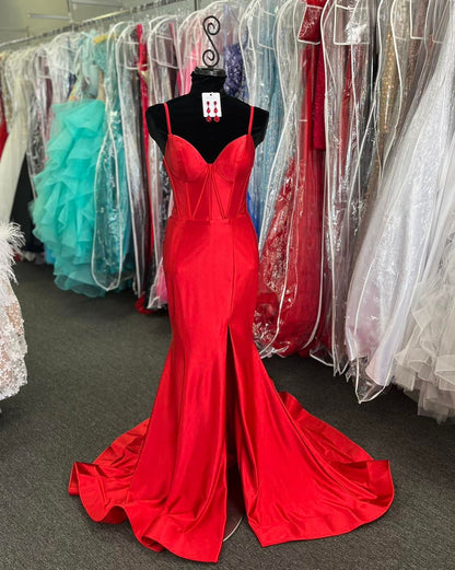 Straps Hot Pink Satin Mermaid Prom Dress