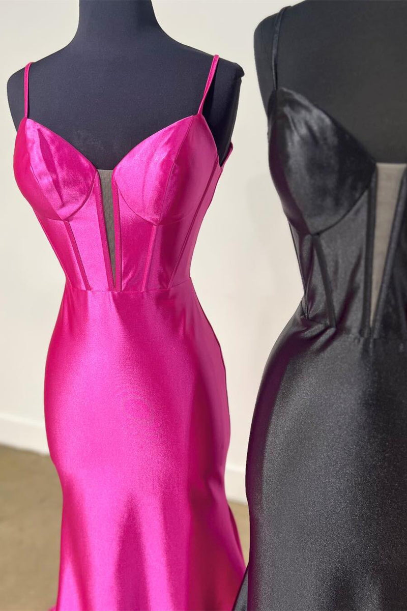 Straps Hot Pink Satin Mermaid Prom Dress
