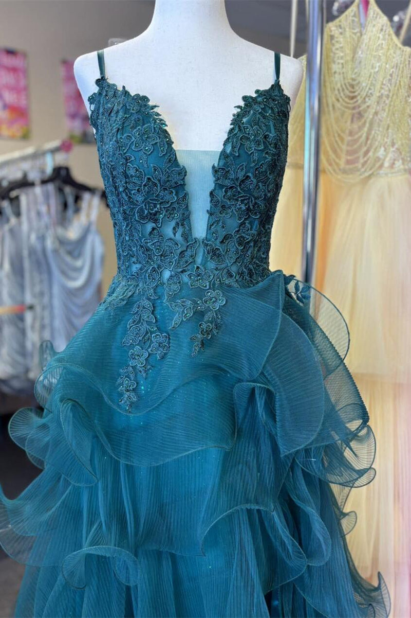 Straps Ink Blue Appliques Tulle Ruffles Long Formal Dress