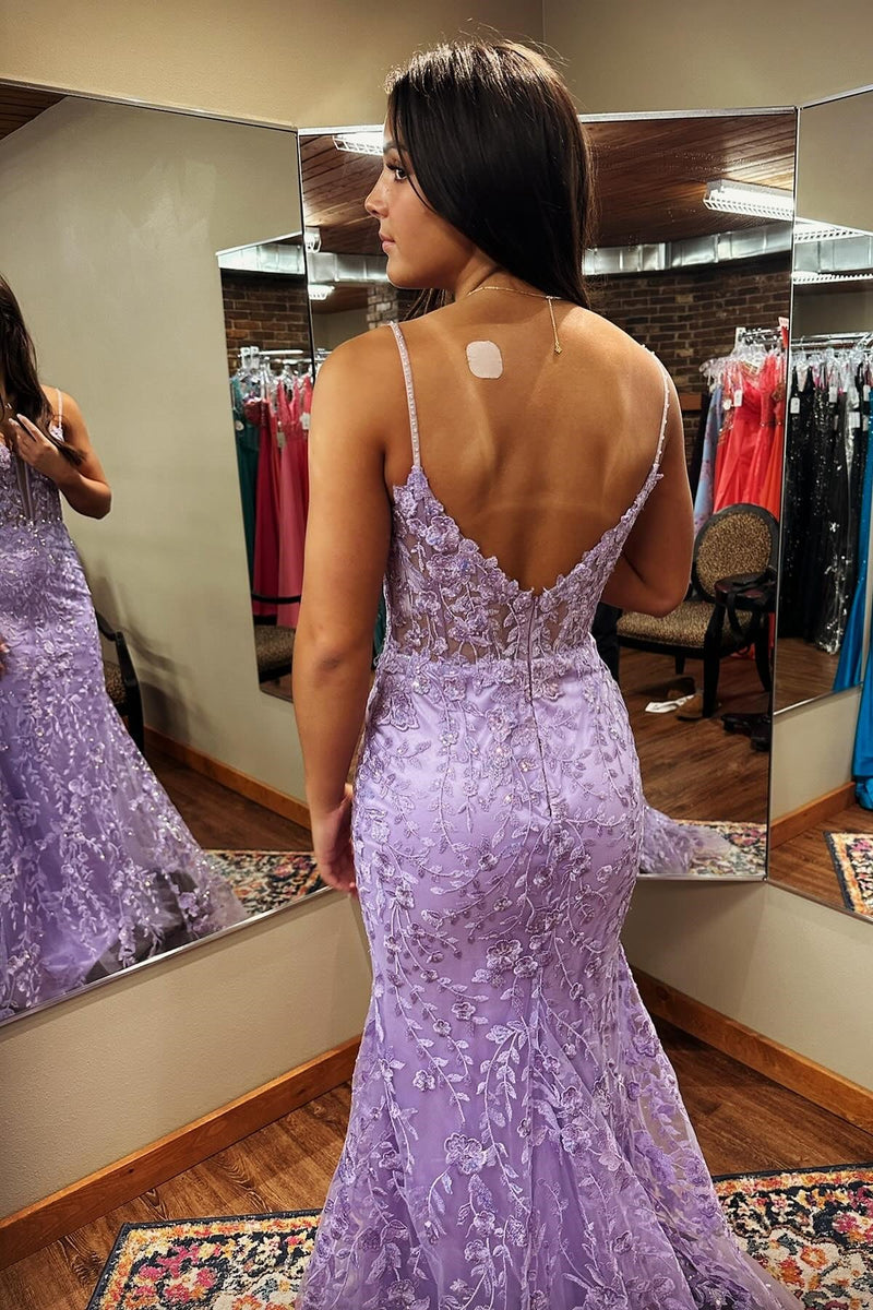 Straps Lavender Lace Appliques Mermaid Long Formal Dress