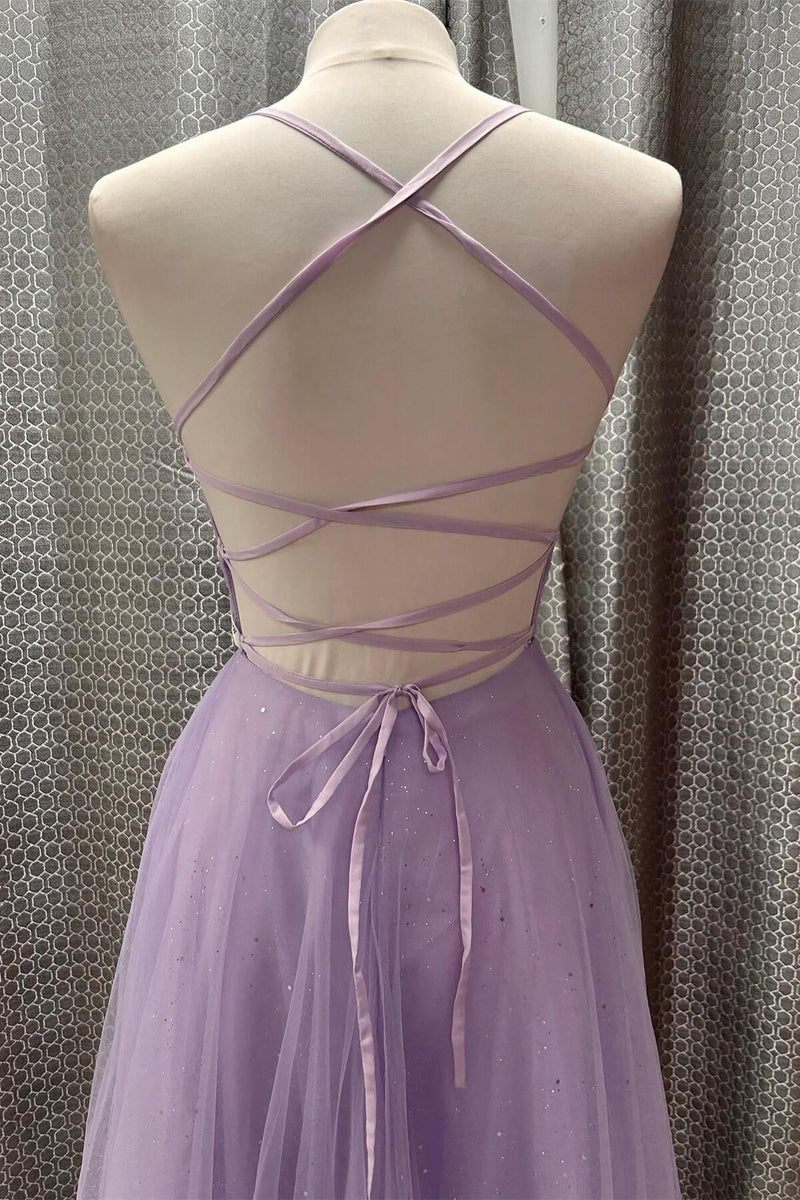 Straps Lavender Tulle Pleated Prom Dress