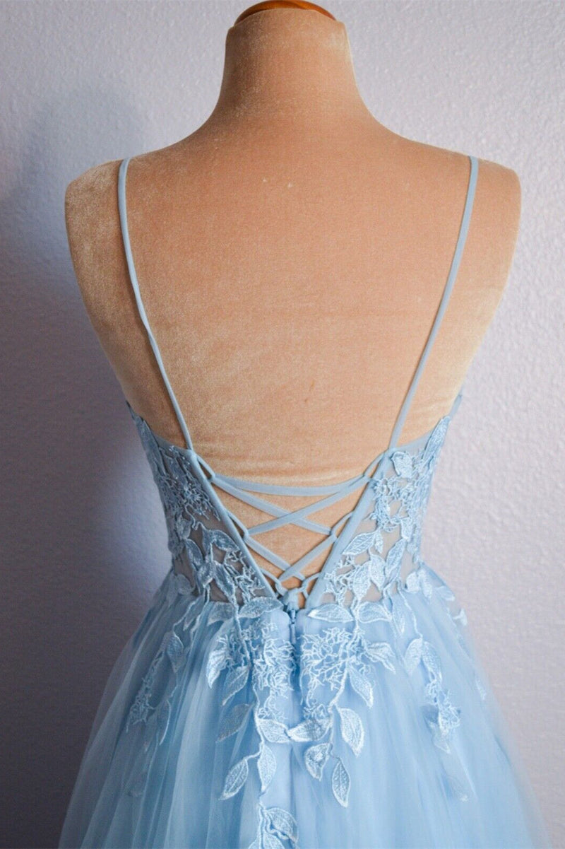 Straps Light Blue Tulle and Lace Appliques Long Formal Dress
