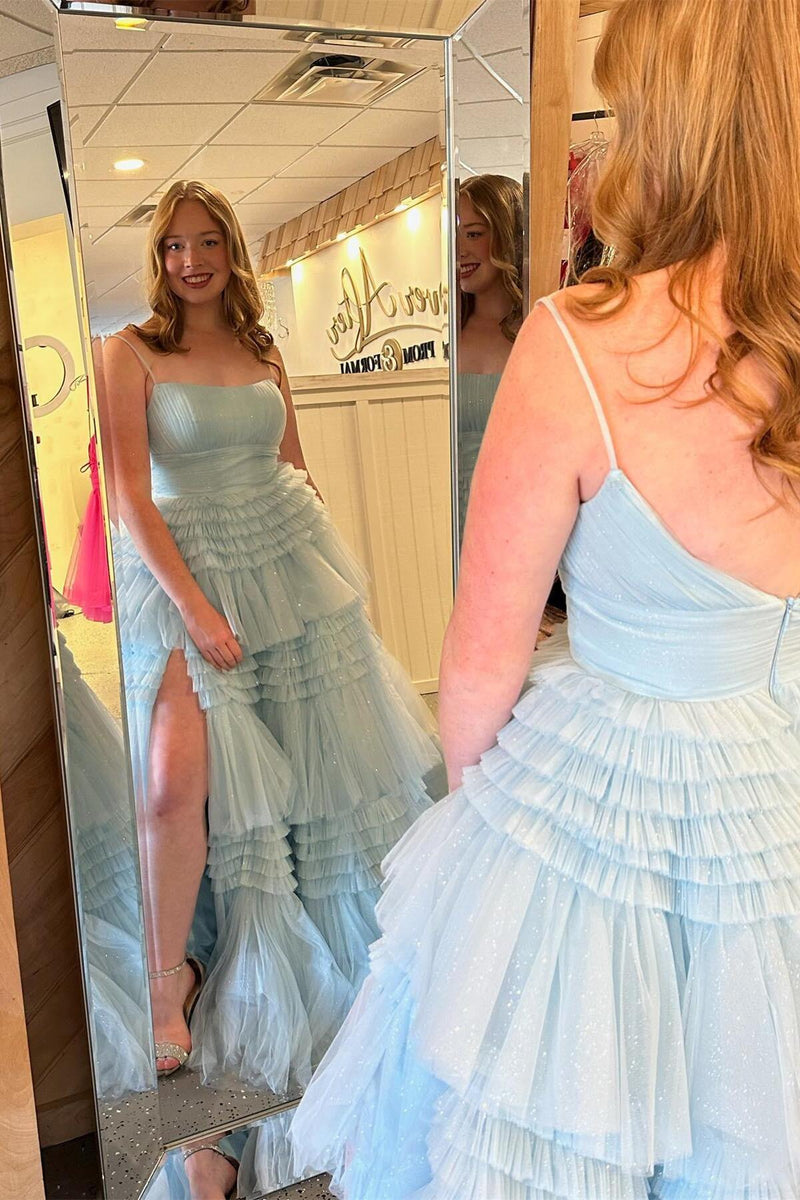 Straps Light Blue Tulle Ruffles A-line Formal Gown