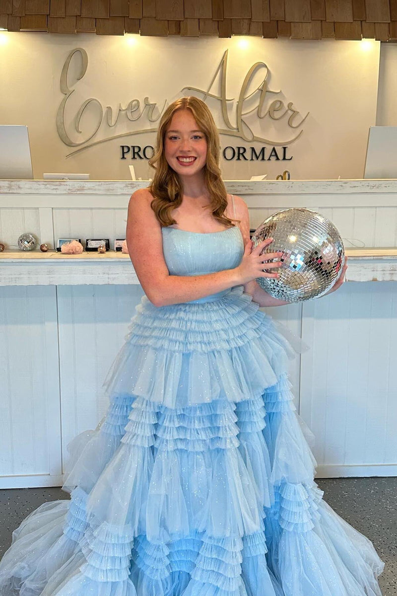 Straps Light Blue Tulle Ruffles A-line Formal Gown