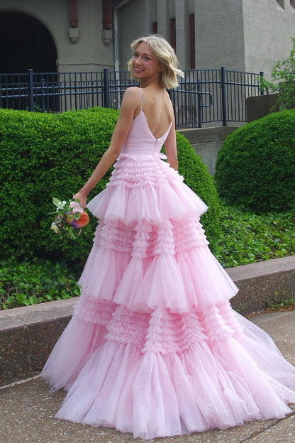 Straps Light Blue Tulle Ruffles A-line Formal Gown