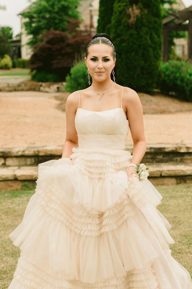 Straps Light Blue Tulle Ruffles A-line Formal Gown