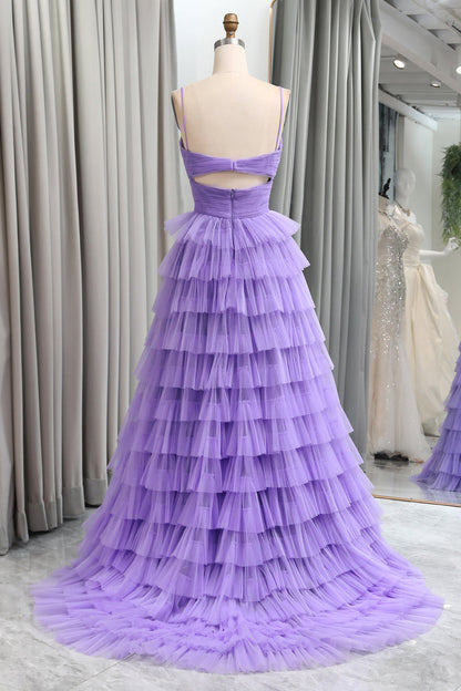 Straps Light Purple Tulle Ruffle A-line Long Prom Dress