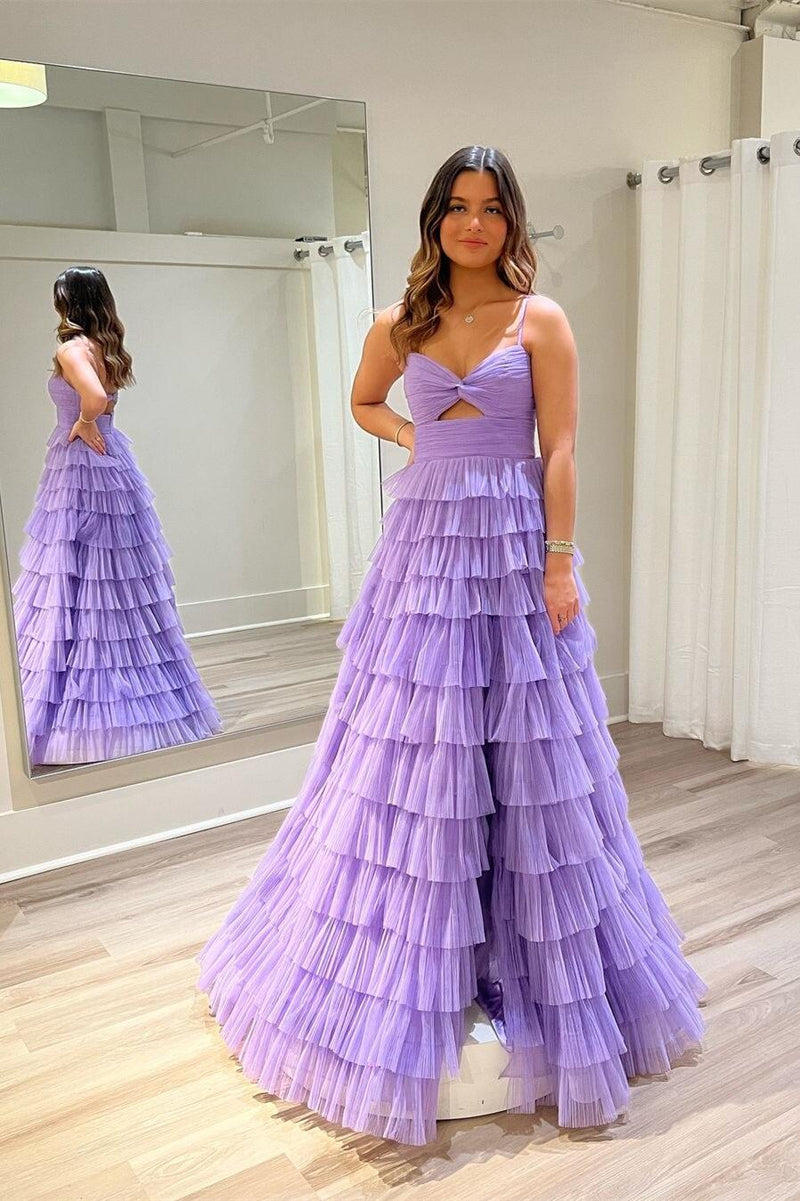 Straps Light Purple Tulle Ruffle A-line Long Prom Dress