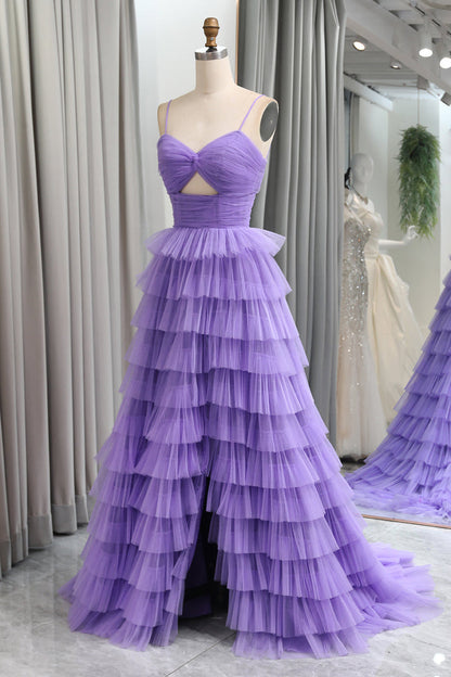 Straps Light Purple Tulle Ruffle A-line Long Prom Dress