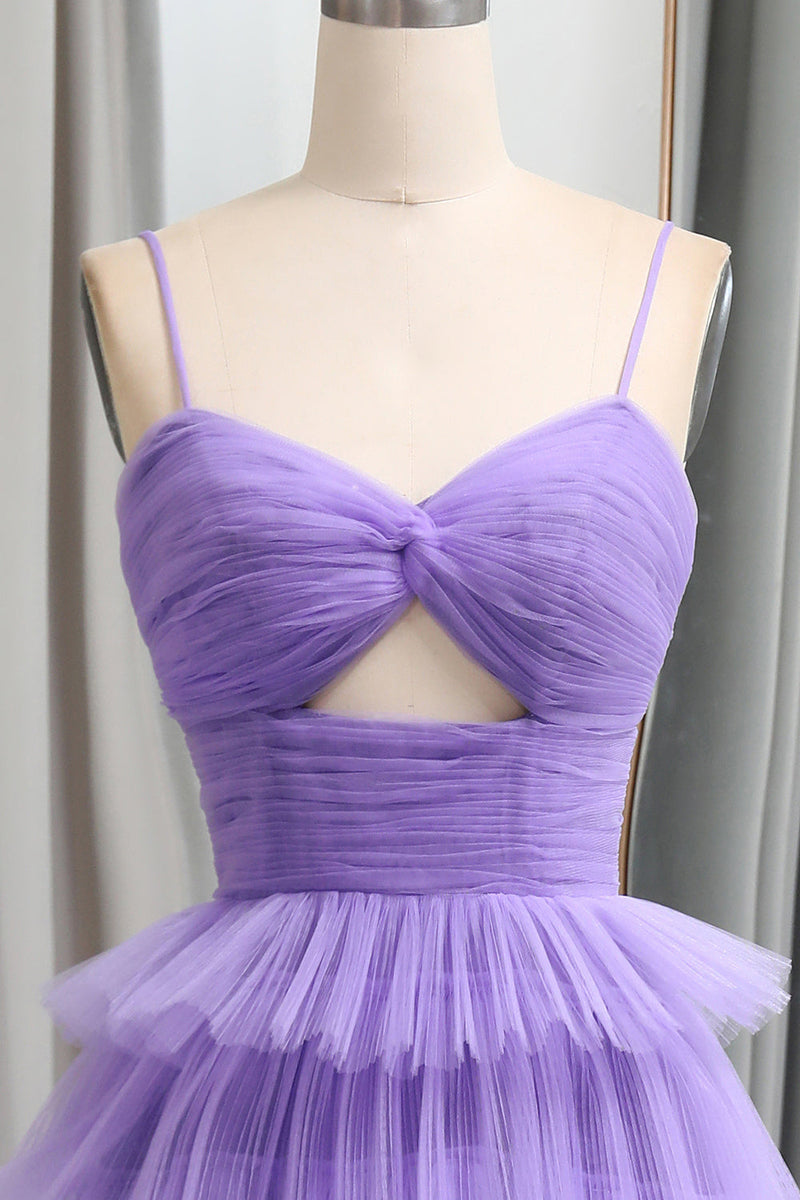 Straps Light Purple Tulle Ruffle A-line Long Prom Dress