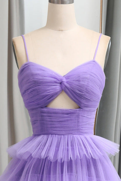 Straps Light Purple Tulle Ruffle A-line Long Prom Dress