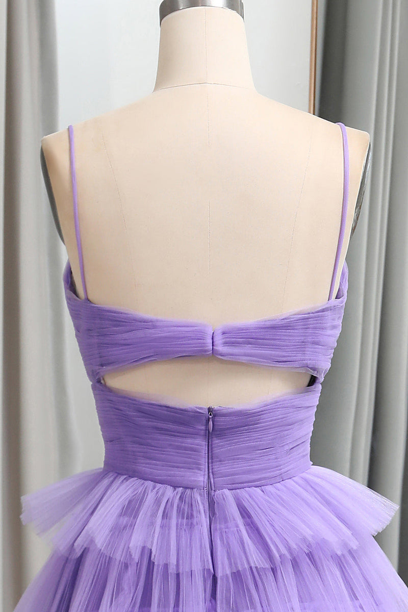 Straps Light Purple Tulle Ruffle A-line Long Prom Dress