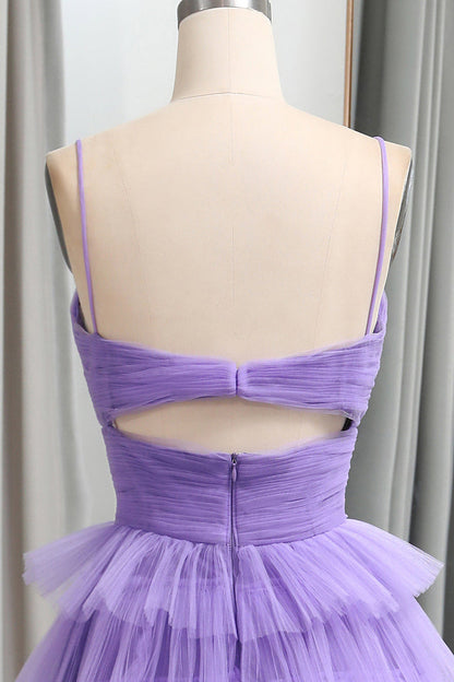 Straps Light Purple Tulle Ruffle A-line Long Prom Dress