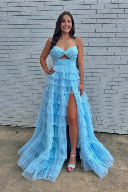 Straps Light Purple Tulle Ruffle A-line Long Prom Dress