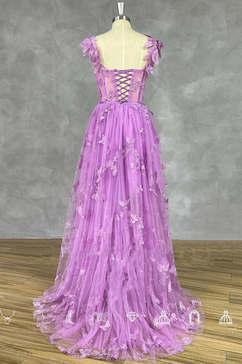 Straps Lilac Butterfly A-line Long Formal Dress