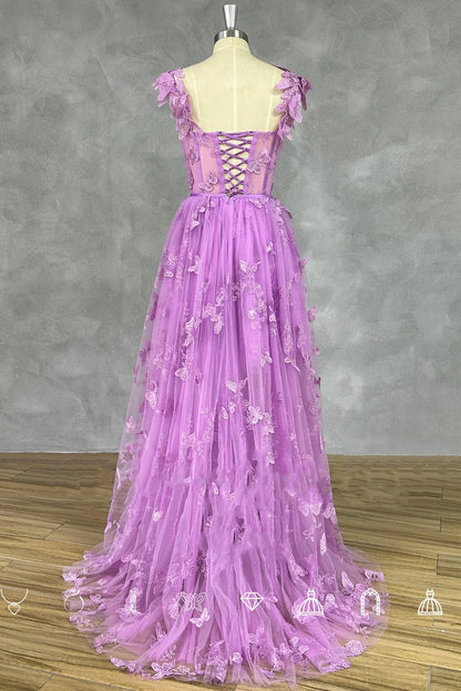 Straps Lilac Butterfly A-line Long Formal Dress