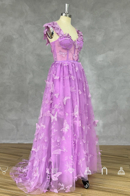 Straps Lilac Butterfly A-line Long Formal Dress