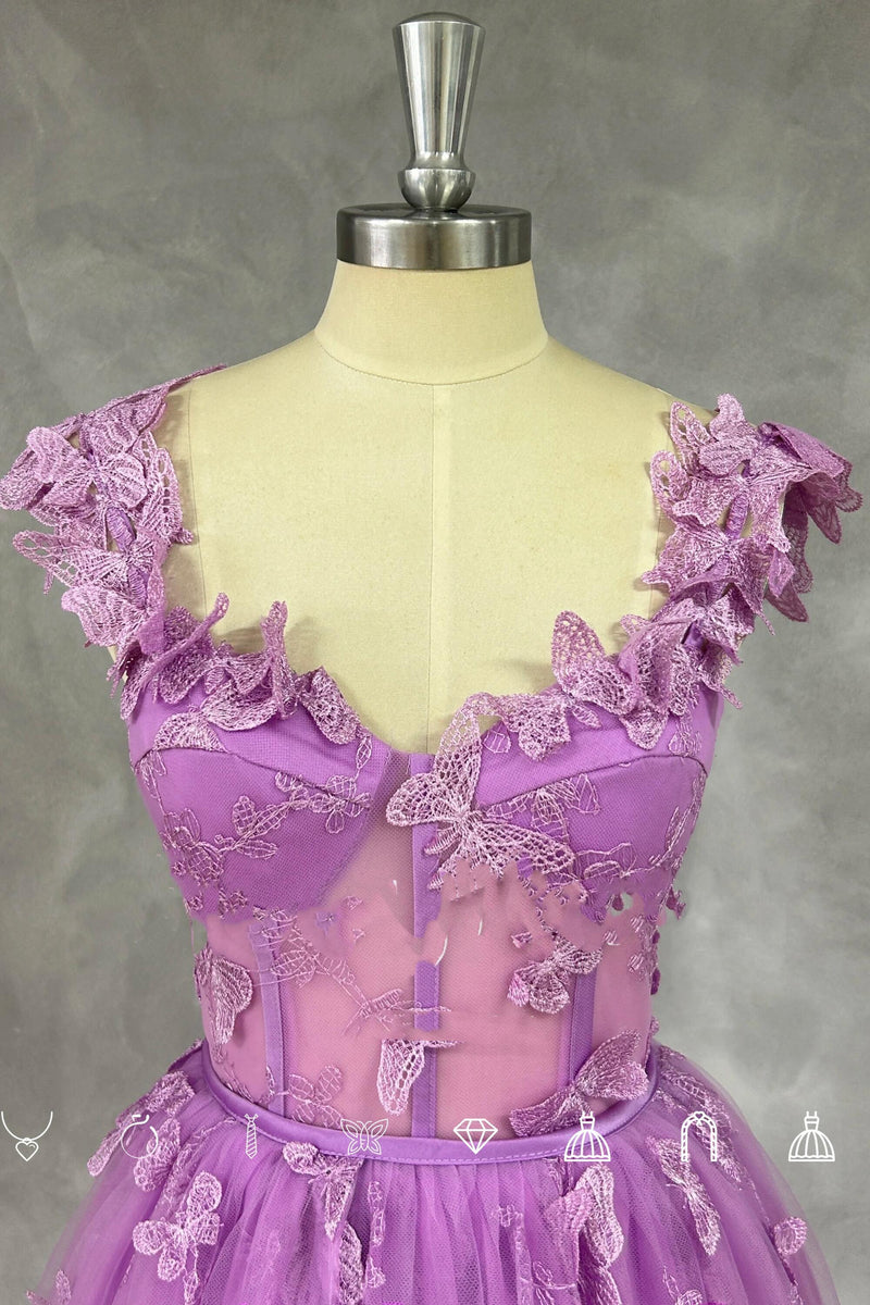 Straps Lilac Butterfly A-line Long Formal Dress