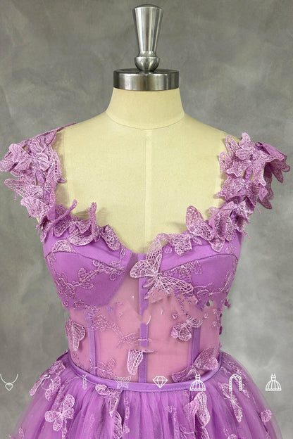 Straps Lilac Butterfly A-line Long Formal Dress