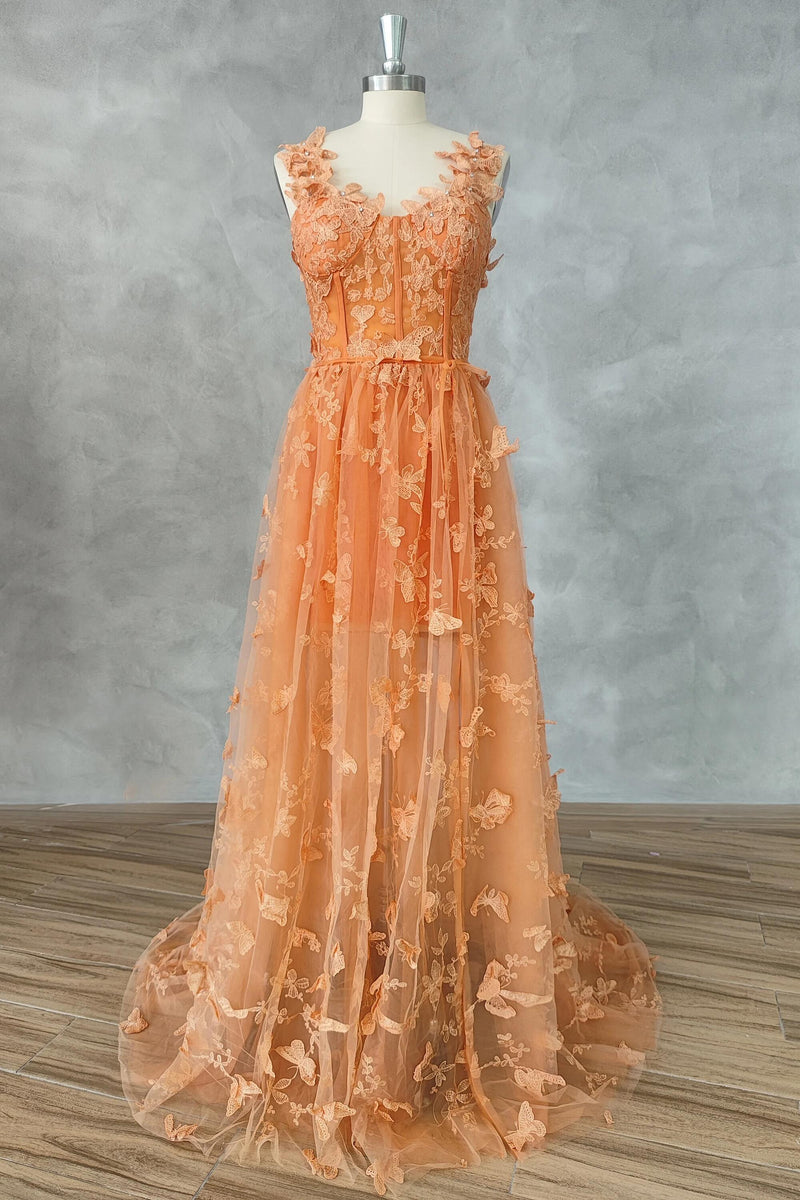 Straps Lilac Butterfly A-line Long Formal Dress