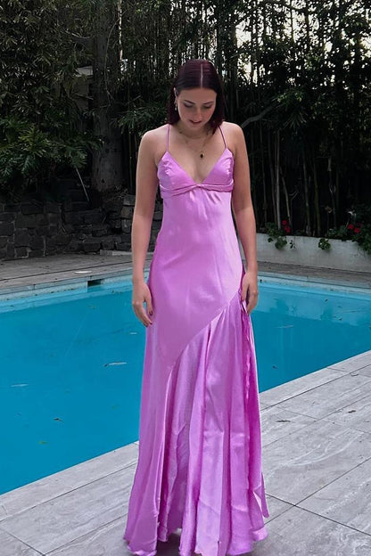 Straps Lilac Silk Long Party Dress with Slit