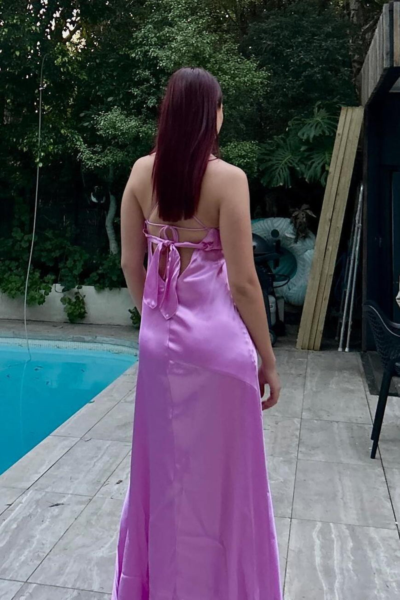 Straps Lilac Silk Long Party Dress with Slit