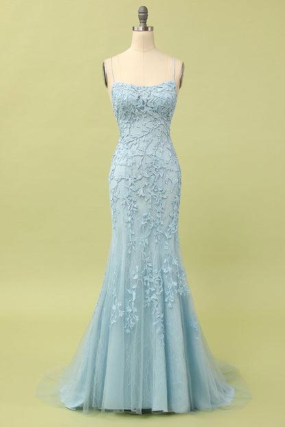 Straps Mermaid Blue Lace Appliqued Long Prom Dress