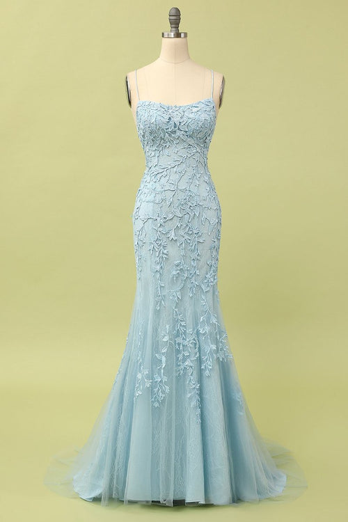 Straps Mermaid Blue Lace Appliqued Long Prom Dress