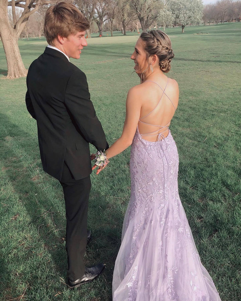 Straps Mermaid Blue Lace Appliqued Long Prom Dress