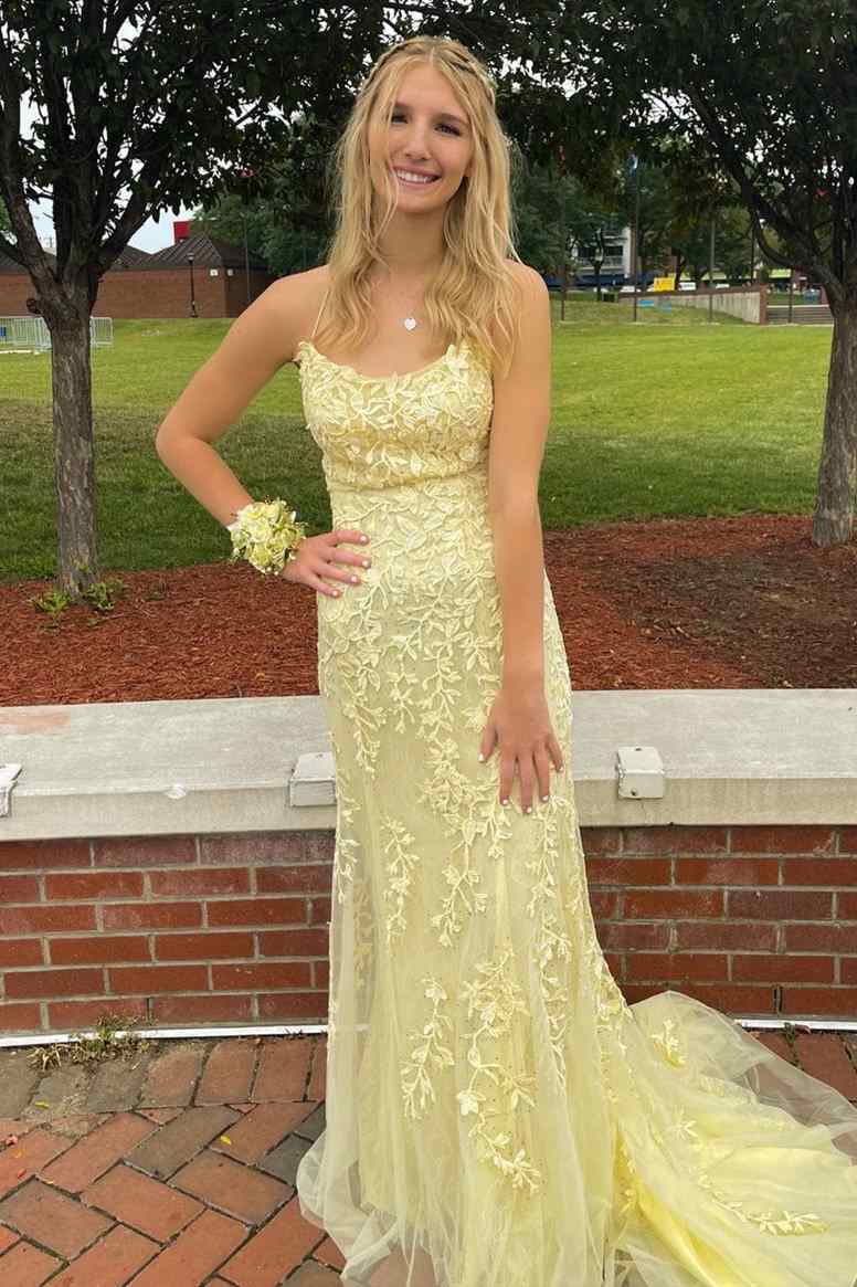 Straps Mermaid Blue Lace Appliqued Long Prom Dress