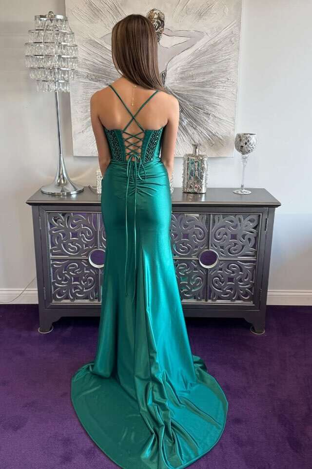 Straps Navy Blue Beaded Satin Mermaid Formal Dress